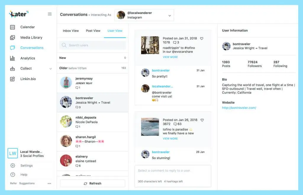 Later Conversations user view with comment history and Instagram profile information