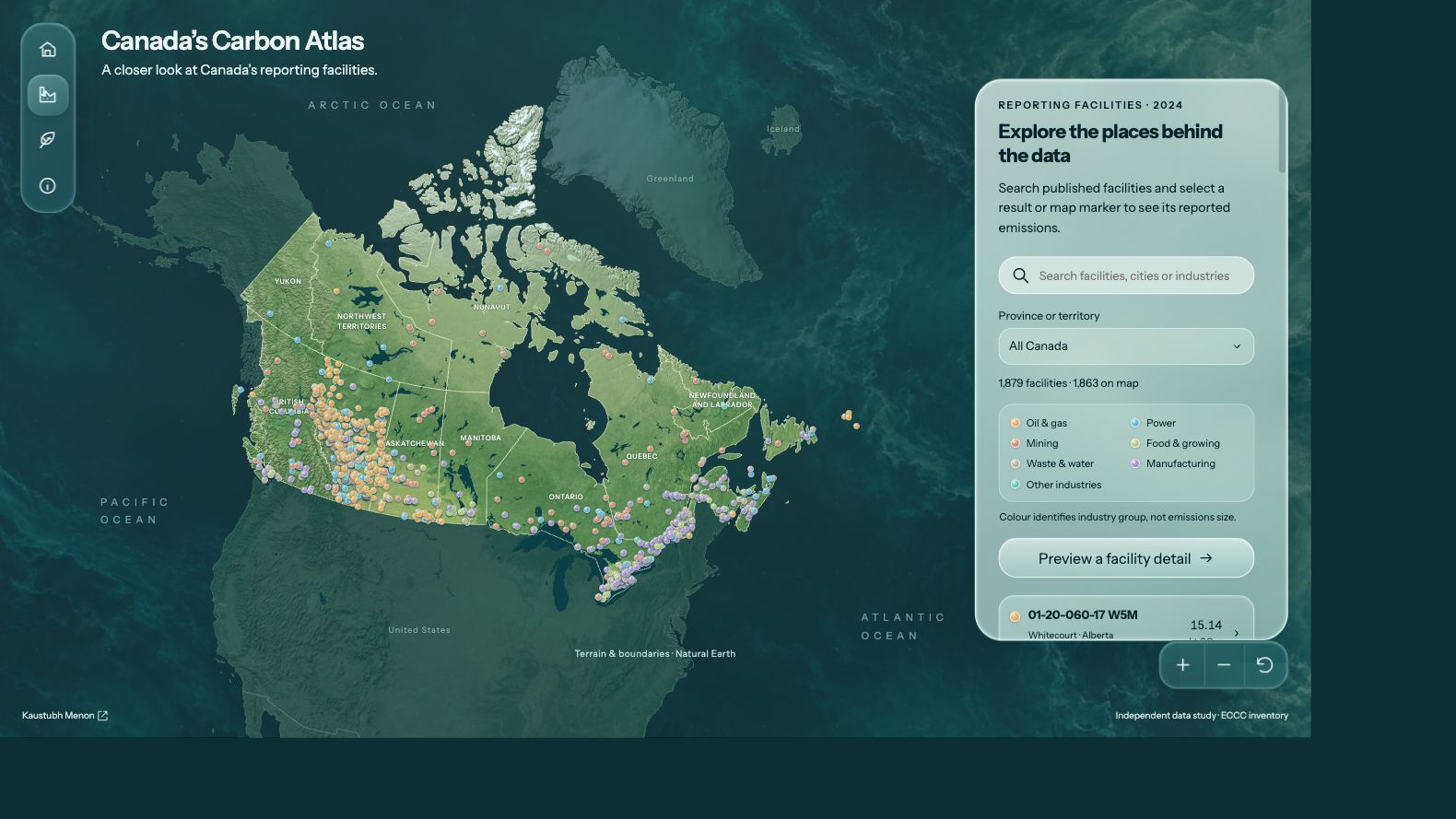 Facility exploration chapter with industry-coloured markers across Canada and searchable reporting records