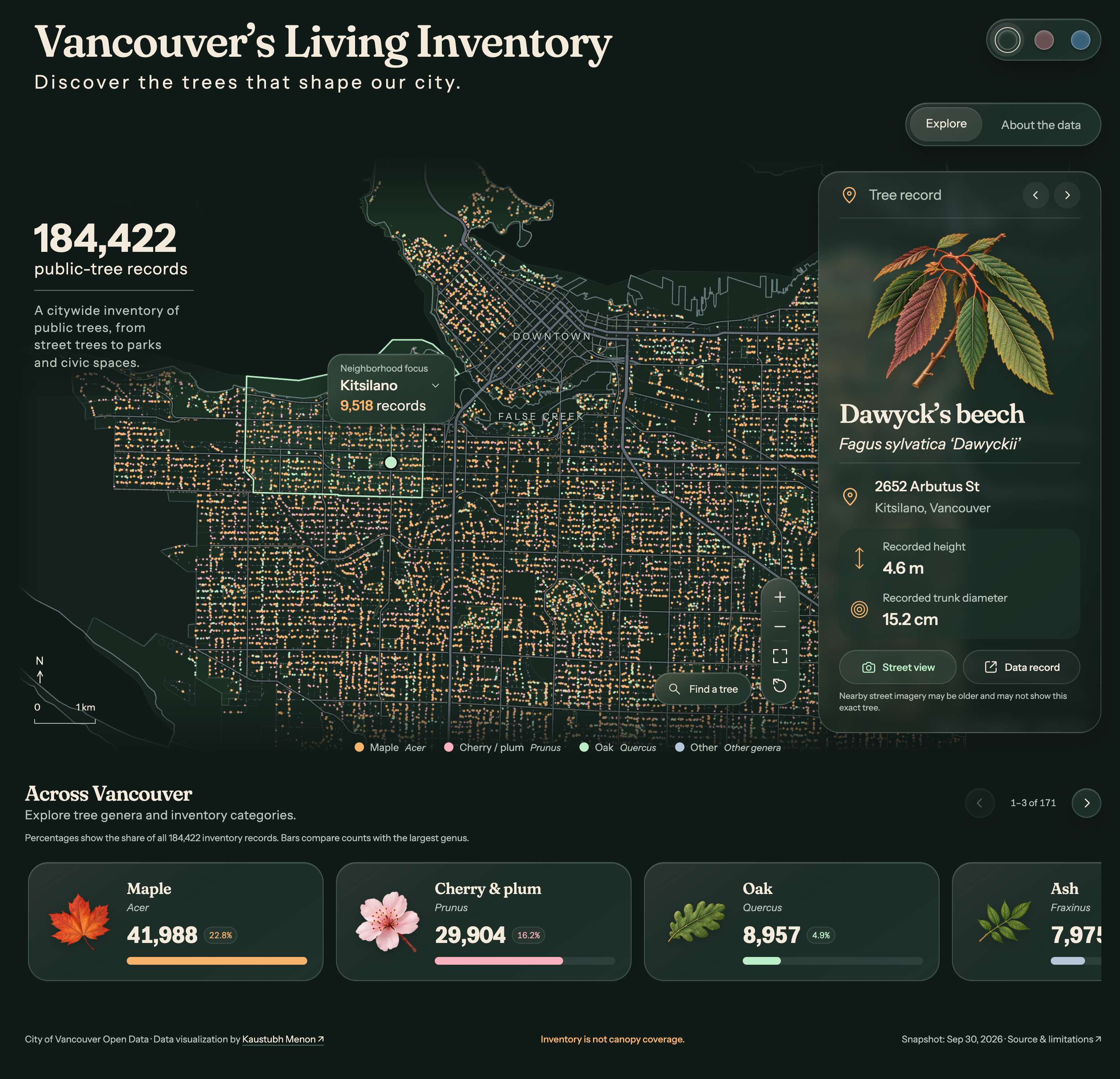 Vancouver’s Living Inventory showing a dark city map, selected tree record, and illustrated genus cards