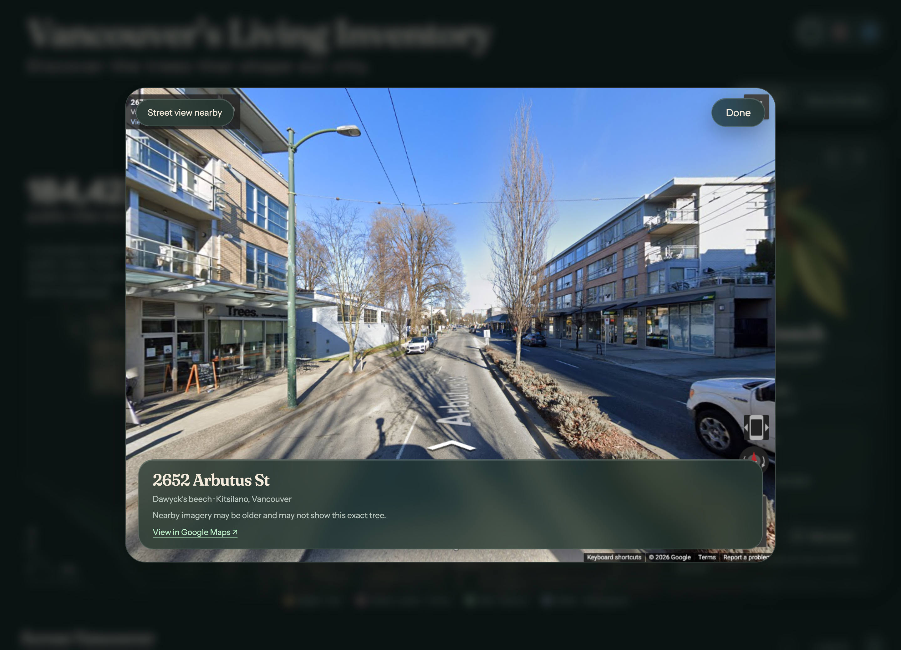 Interactive nearby Street View dialog at 2652 Arbutus Street with location context and Google attribution