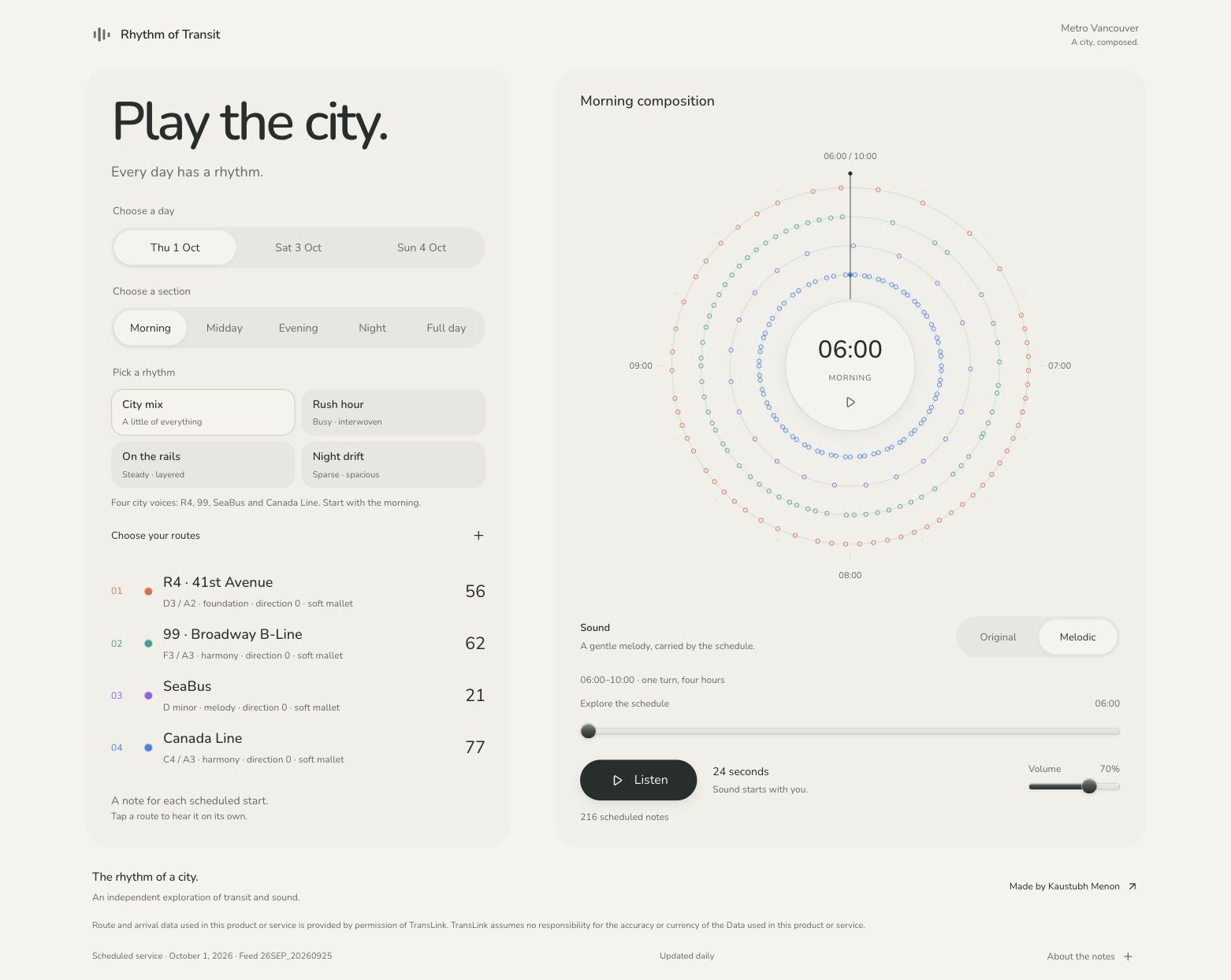Rhythm of Transit with colourful route rings, a central clock and musical playback controls
